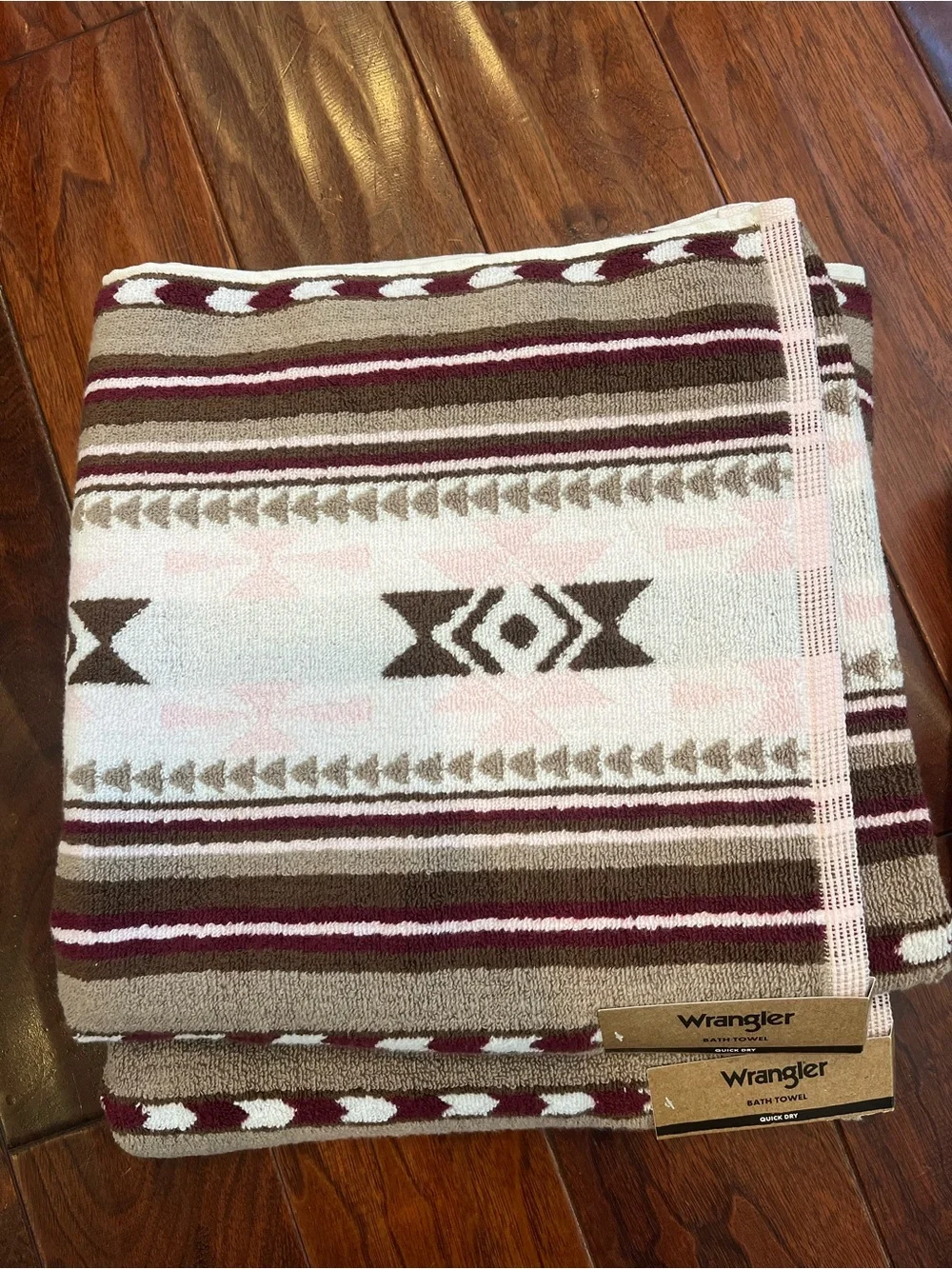 Wrangler Aztec Stripe Bath and Hand Towels in Burgundy, Brown, Pink & White